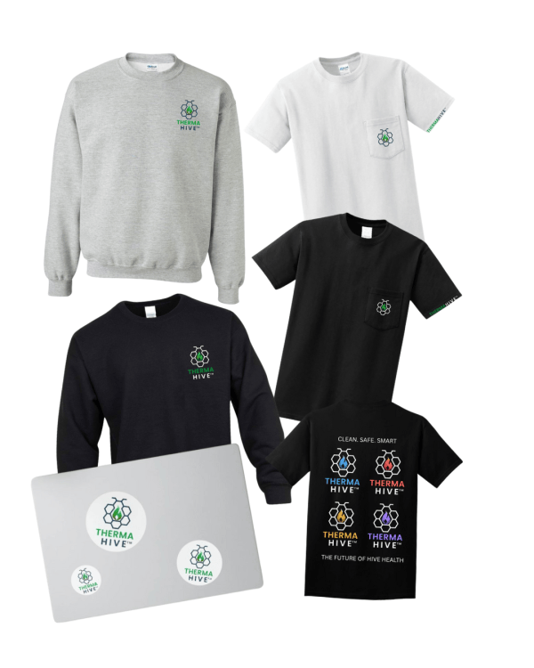 A collection of ThermaHive branded apparel, including a long-sleeve shirt and a short-sleeve pocket t-shirt.