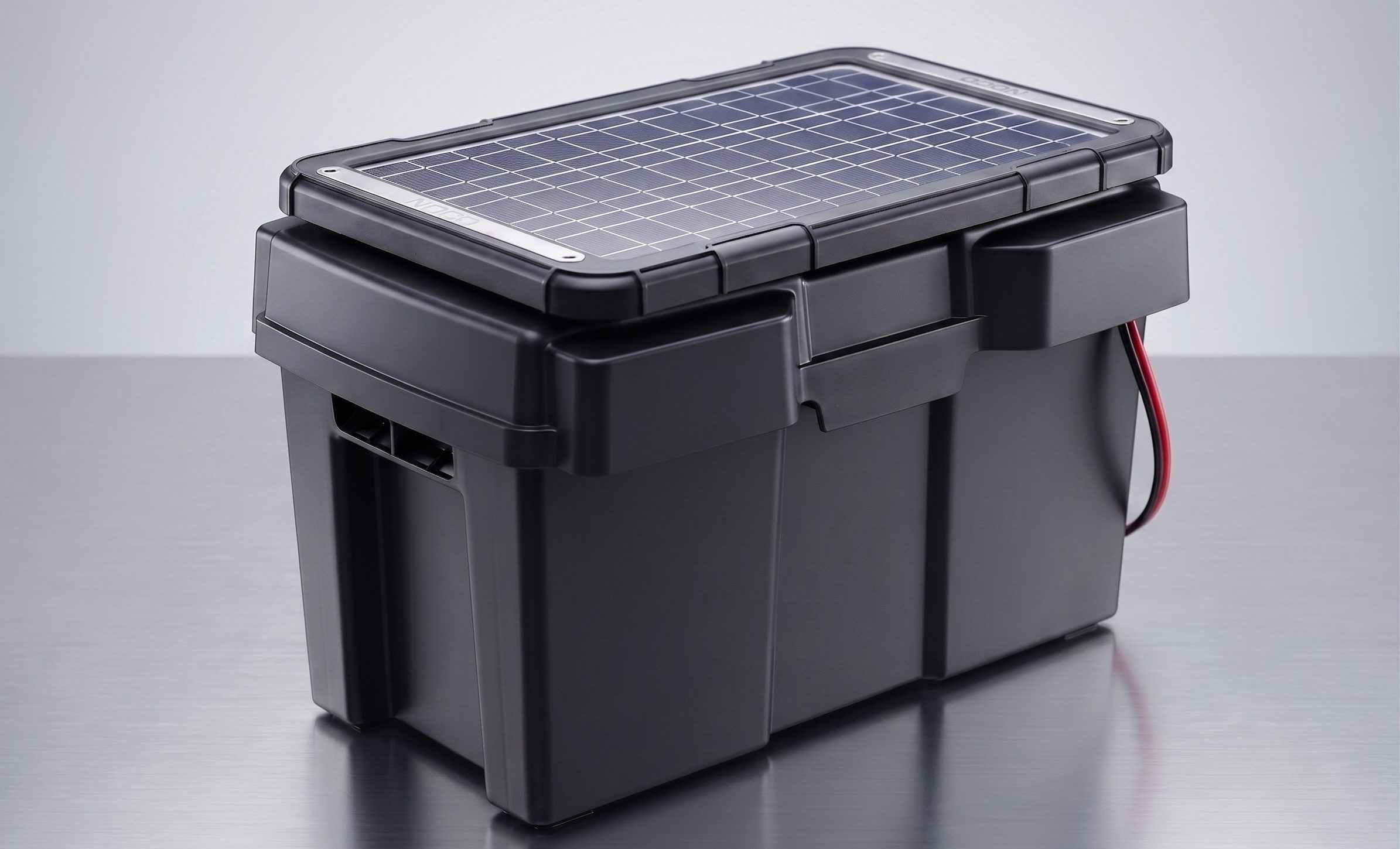 The finished solar-powered battery build: a weatherproof battery box with battery, inverter, and mounted solar panel.
