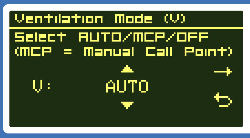 Ventilation mode menu: Off, Auto, or MCP