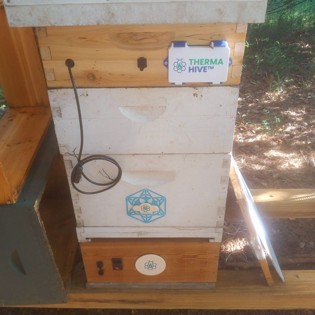 A ThermaHive V1 controller lid on the upper box of a hive, with a coiled cable and the heater box and power switch at the base.