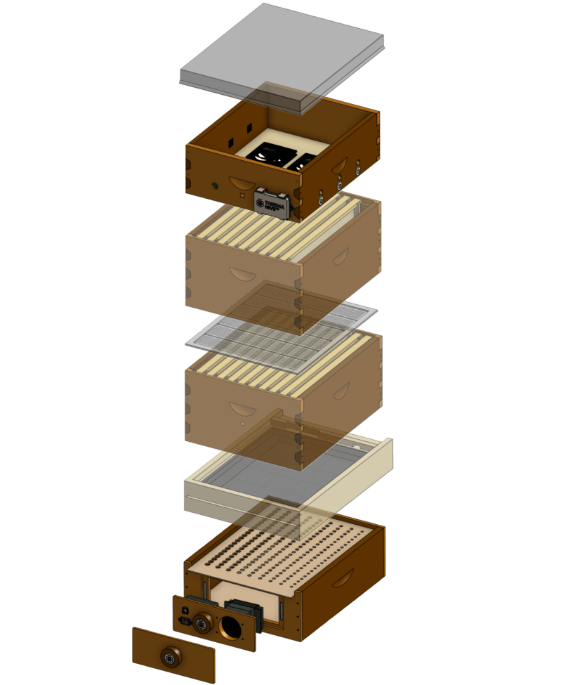 Exploded view of a hive fitted with ThermaHive V2, top to bottom: telescoping cover, Controller Box with its fans, two deep brood boxes with a queen excluder between them, screened bottom board, and the Bottom Treatment Frame with the Heater Insert pulled out in front and the Blank Insert beside it.